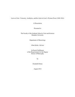 Virtuosity, Aesthetics, and the Artist in Liszt's Weimar Prose (1848-1861)