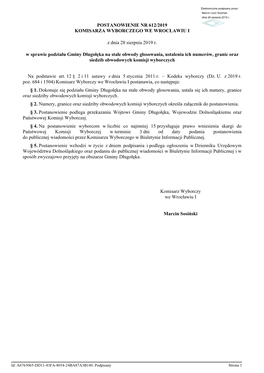 POSTANOWIENIE Nr 612/2019 KOMISARZA WYBORCZEGO WE WROCŁAWIU I Z Dnia 28 Sierpnia 2019 R. W