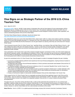 Visa Signs on As Strategic Partner of the 2016 U.S.-China Tourism Year Dlvr.It - March 25, 2016