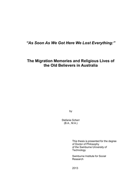 The Migration Memories and Religious Lives of the Old Believers in Australia