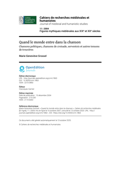 Cahiers De Recherches Médiévales Et Humanistes, 11 | 2004 Quand Le Monde Entre Dans La Chanson 2