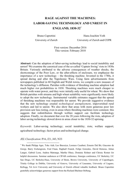 Rage Against the Machines: Labor-Saving Technology and Unrest in England, 1830-32*