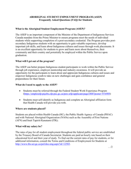 ABORIGINAL STUDENT EMPOLYMENT PROGRAM (ASEP) Frequently Asked Questions (FAQ) for Students