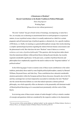 Recent Contributions to the Realist Tradition in Political Philosophy Hans-Jörg Sigwart Working Paper