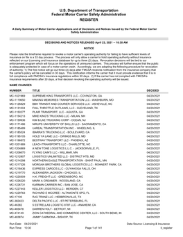 U.S. Department of Transportation Federal Motor Carrier Safety Administration REGISTER