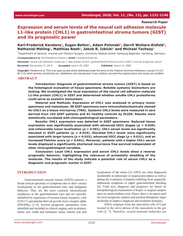 Expression and Serum Levels of the Neural Cell Adhesion Molecule L1-Like Protein (CHL1) in Gastrointestinal Stroma Tumors (GIST) and Its Prognostic Power