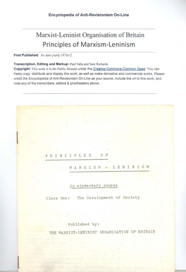 Marxist-Leninist Organisation of Britain Principles of Marxism-Leninism