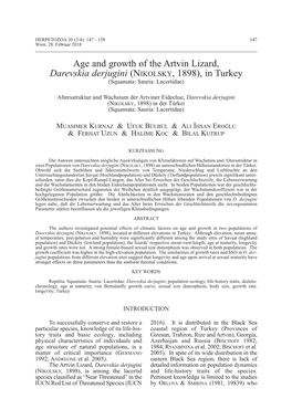 Age and Growth of the Artvin Lizard, Darevskia Derjugini (Nikolsky , 1898), in Turkey (Squamata: Sauria: Lacertidae)