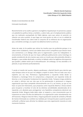 Carta Gaspar Llamazares a Alberto Garzón