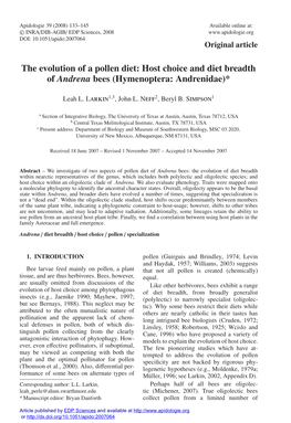 Host Choice and Diet Breadth of Andrena Bees (Hymenoptera: Andrenidae)*