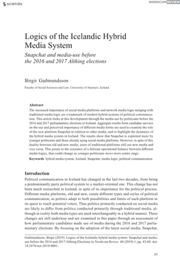 Logics of the Icelandic Hybrid Media System Snapchat and Media-Use Before the 2016 and 2017 Althing Elections