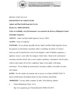 BILLING CODE 3410-34-P DEPARTMENT of AGRICULTURE Animal and Plant Health Inspection Service [Docket No. APHIS-2018-0075] Notice