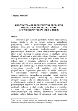 Zróżnicowanie Przestrzenne Produkcji Rolnej W Gminie Szadkowskiej (W Świetle Wyników Spisu Z 2002