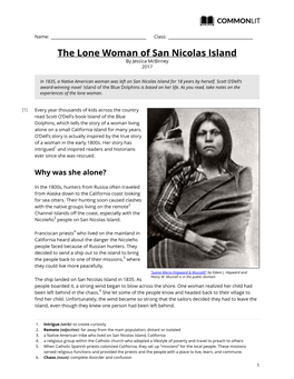 Commonlit | the Lone Woman of San Nicolas Island