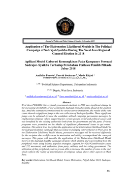 Application of the Elaboration Likelihood Models in the Political Campaign of Sudrajat-Syaikhu During the West Java Regional General Election in 2018