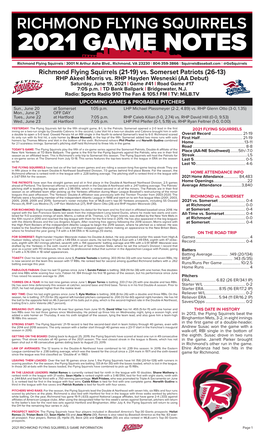 Richmond Flying Squirrels (21-19) Vs. Somerset Patriots (26-13) RHP Akeel Morris Vs