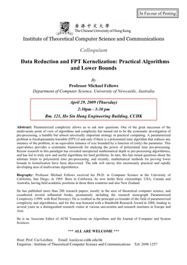 Colloquium Data Reduction and FPT Kernelization: Practical Algorithms and Lower Bounds