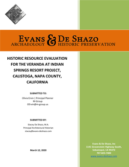 Historic Resource Evaluation for the Veranda at Indian Springs Resort Project, Calistoga, Napa County, California