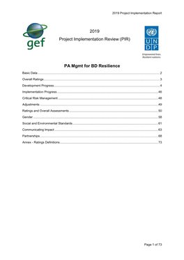 2019 Project Implementation Review (PIR) PA Mgmt for BD Resilience