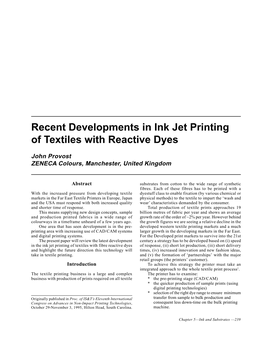 Recent Developments in Ink Jet Printing of Textiles with Reactive Dyes