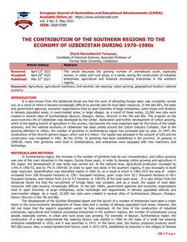 THE CONTRIBUTION of the SOUTHERN REGIONS to the ECONOMY of UZBEKISTAN DURING 1970-1980S