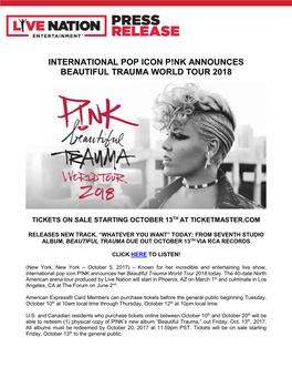 International Pop Icon P!Nk Announces Beautiful Trauma World Tour 2018