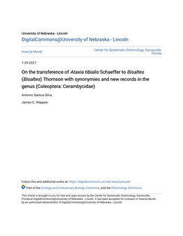 On the Transference of Ataxia Tibialis Schaeffer to Bisaltes (Bisaltes) Thomson with Synonymies and New Records in the Genus (Coleoptera: Cerambycidae)