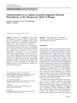 Characterization of an Autism-Associated Segmental Maternal Heterodisomy of the Chromosome 15Q11–13 Region