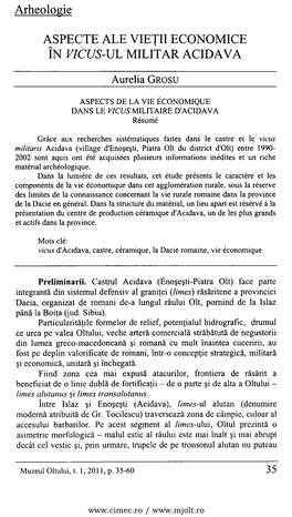 Arheologie ASPECTE ALE VIETU ECONOMICE ÎN VICUS-VL