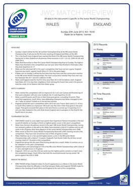 JWC MATCH PREVIEW All Data in This Document Is Specifi C to the Junior World Championship