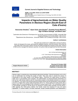 Impacts of Agrochemicals on Water Quality Parameters in Aboisso Region (South-East of Cote D’Ivoire)