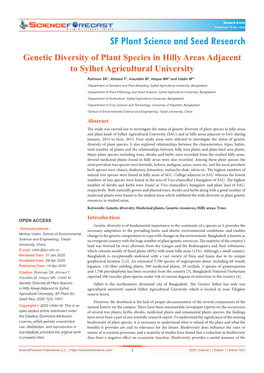 Genetic Diversity of Plant Species in Hilly Areas Adjacent to Sylhet Agricultural University