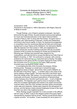 Concierto De Aranjuez for Guitar and Orchestra Joaquín Rodrigo (Born in 1901) Genre: Concerto; Country: Spain; Period: Modern