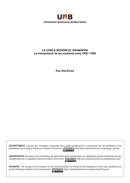 LA COBLA SEGONS EL GRAMÒFON La Interpretació De Les Sardanes Entre 1920 I 1950 Pau Vila Elvira