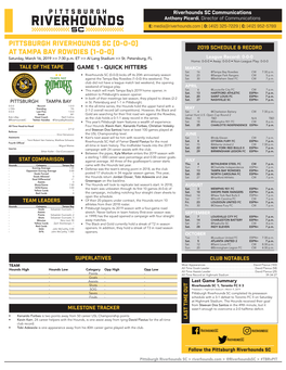 PITTSBURGH RIVERHOUNDS SC (0-0-0) 2019 SCHEDULE & RECORD at TAMPA BAY ROWDIES (1-0-0) Saturday, March 16, 2019 >> 7:30 P.M