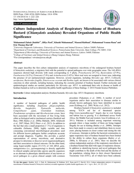 Culture Independent Analysis of Respiratory Microbiome of Houbara Bustard (Chlamydotis Undulata) Revealed Organisms of Public Health Significance