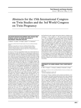 Abstracts for the 15Th International Congress on Twin Studies and the 3Rd World Congress on Twin Pregnancy