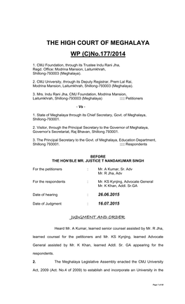 THE HIGH COURT of MEGHALAYA WP (C)No.177/2014