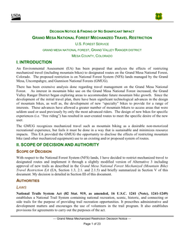 Decision Notice & Finding of No Significant Impact Grand Mesa National Forest Mechanized Travel Restriction U.S