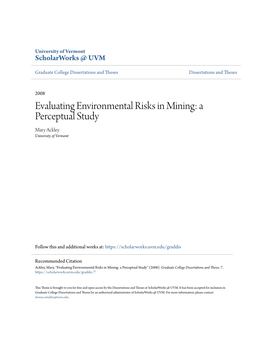 Evaluating Environmental Risks in Mining: a Perceptual Study Mary Ackley University of Vermont