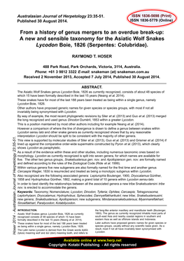 From a History of Genus Mergers to an Overdue Break-Up: a New and Sensible Taxonomy for the Asiatic Wolf Snakes Lycodon Boie, 1826 (Serpentes: Colubridae)