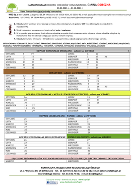 HARMONOGRAM ODBIORU ODPADÓW KOMUNALNYCH - GMINA OSIECZNA 01.01.2021 R
