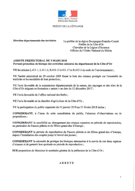 Arrêté Préfectoral Du 5 Mars 2018 Portant Protection De Biotope Des Corniches Calcaires Du Département De La Côte-D'or