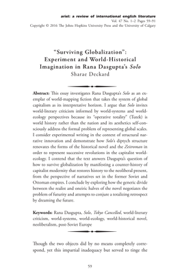 “Surviving Globalization”: Experiment and World-Historical Imagination in Rana Dasgupta’S Solo Sharae Deckard