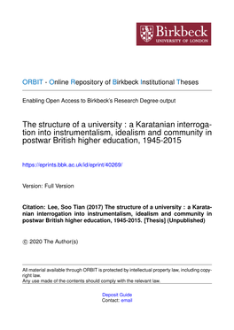 Tion Into Instrumentalism, Idealism and Community in Postwar British Higher Education, 1945-2015