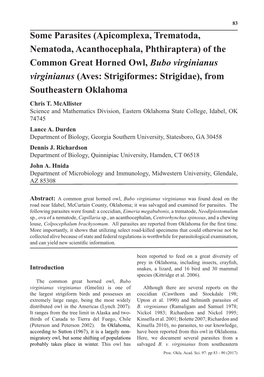 Of the Common Great Horned Owl, Bubo Virginianus Virginianus (Aves: Strigiformes: Strigidae), from Southeastern Oklahoma Chris T