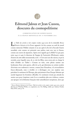 Edmond Jaloux Et Jean Cassou, Dioscures Du Cosmopolitisme