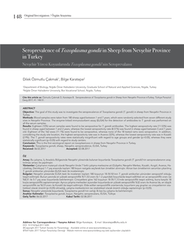 Seroprevalence of Toxoplasma Gondii in Sheep from Nevşehir Province in Turkey Nevşehir Yöresi Koyunlarında Toxoplasma Gondii’Nin Seroprevalansı