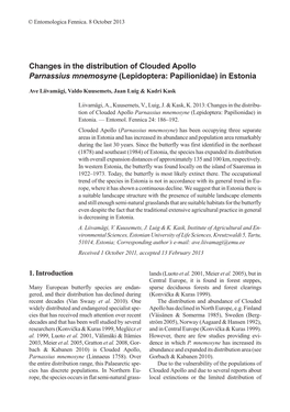 Changes in the Distribution of Clouded Apollo Parnassius Mnemosyne (Lepidoptera: Papilionidae) in Estonia