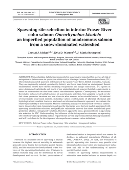 Spawning Site Selection in Interior Fraser River Coho Salmon Oncorhynchus Kisutch: an Imperiled Population of Anadromous Salmon from a Snow-Dominated Watershed